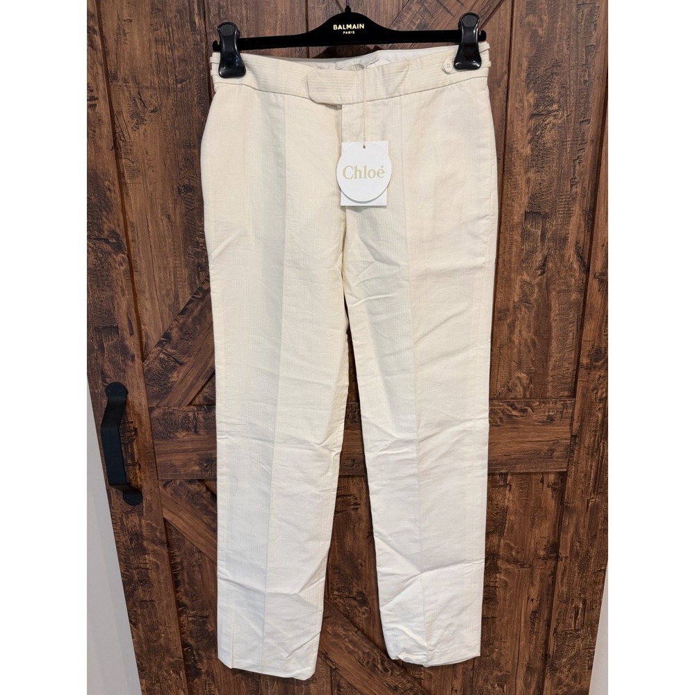 Chloe Size 36 US 4 White Ivory Cotton Silk Straight Trousers Pants Unhemmed